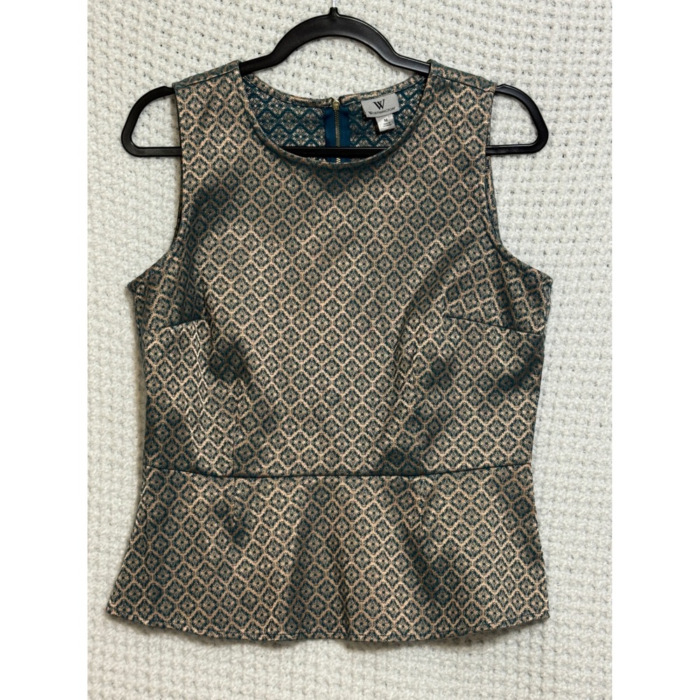 Worthington Teal Gold Geometric Brocade Peplum Sleeveless Zipper Top Size M